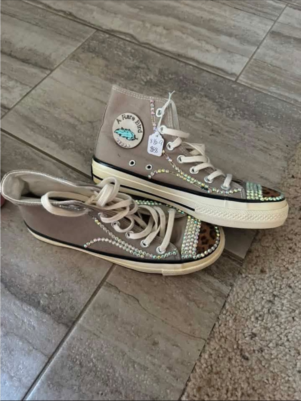 Grey High-Top Sneakers with Rhinestone Accents
